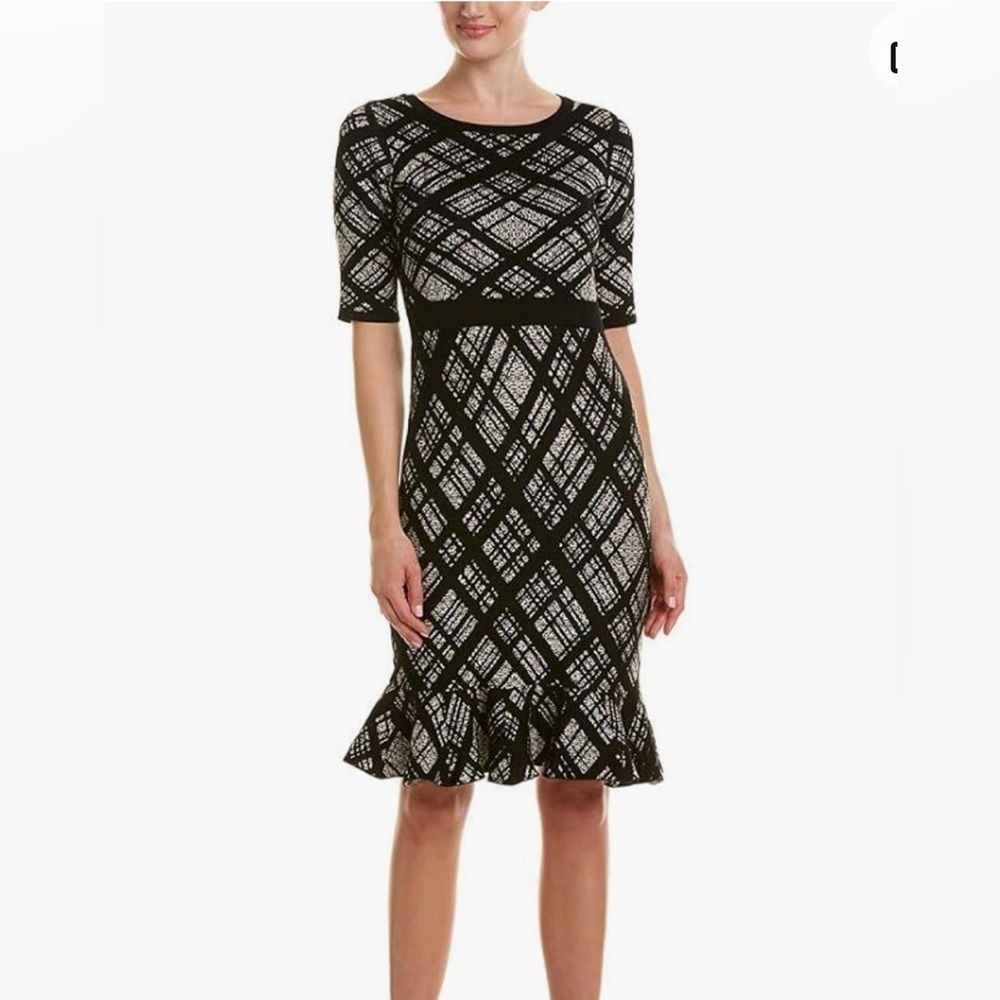 TAYLOR Career/Party BLK/Cream Modern Plaid Elbow SLV Ruffle Hem Sweater Dress S